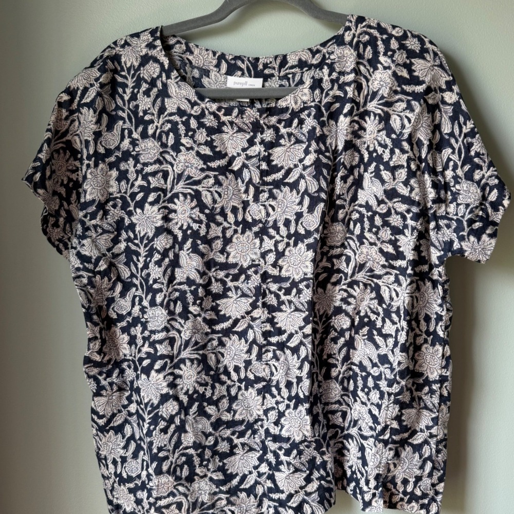 J. Jill Pure 100% Linen Top Blue Pink Floral Print Short Sleeve Lagenlook Large